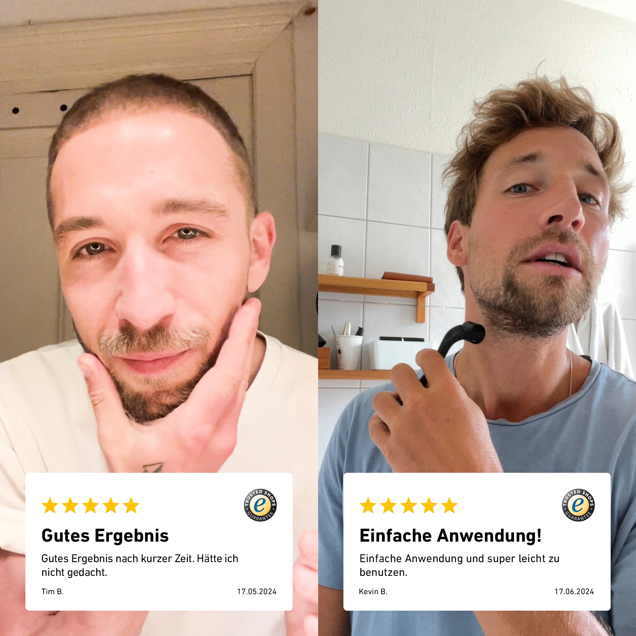 Zwei zufriedene Nutzer berichten über ihre Erfahrungen mit dem Activator Bartshampoo von der Brooklyn Soap Company und loben die einfache Anwendung und schnelle sichtbare Ergebnisse.