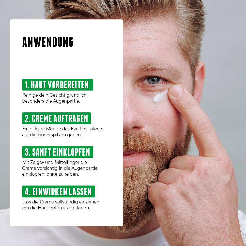 Anwendung des Eye Revitalizer von der Brooklyn Soap Company in vier Schritten: 1. Gesicht reinigen, 2. Eine kleine Menge der Augencreme auf die Fingerspitzen geben, 3. Sanft in die Augenpartie einklopfen, 4. Einziehen lassen für optimale Pflege.