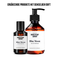 Blue Moon Eau de Parfum und Blue Moon Body Wash für Männer von der Brooklyn Soap Company – perfekt aufeinander abgestimmter Duft für den ganzen Körper.