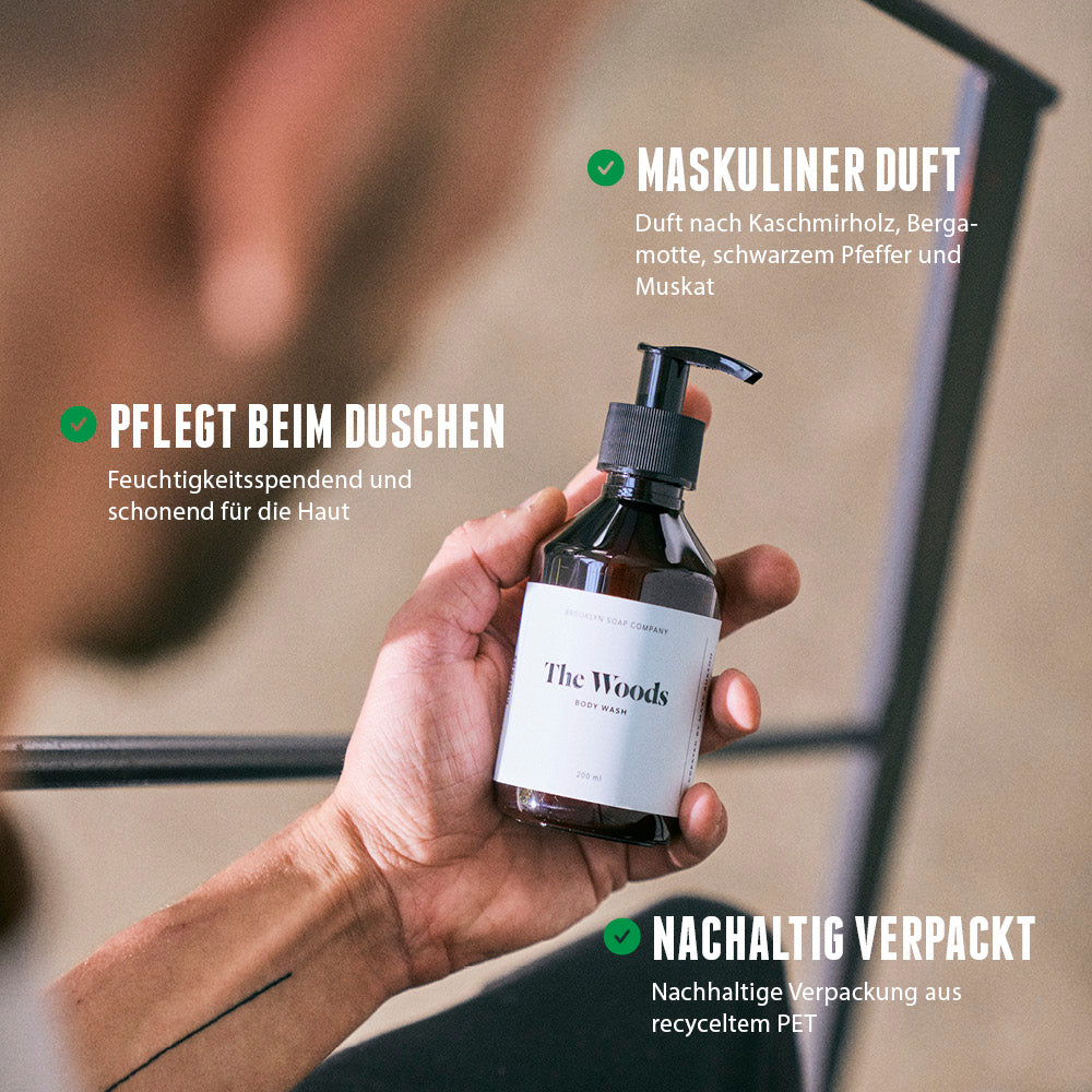 The Woods Body Wash von der Brooklyn Soap Company – feuchtigkeitsspendendes Duschgel mit maskulinem Duft nach Kaschmirholz, Bergamotte, schwarzem Pfeffer und Muskat in einer nachhaltigen Verpackung aus recyceltem PET.
