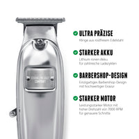 Der hochwertige Barttrimmer in Barbershop-Design mit Metallgehäuse hat einen besonders starken Akku und Motor und trimmt ultra präzise.