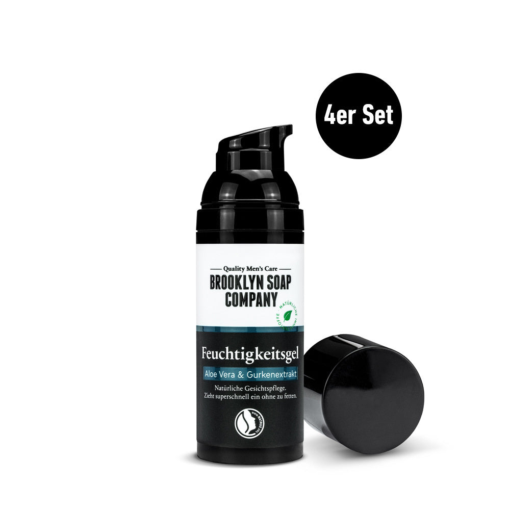Brooklyn Soap Company Feuchtigkeitsgel mit Aloe Vera und Gurkenextrakt – 4er Set, geöffneter Pumpspender mit abgenommenem Deckel.
