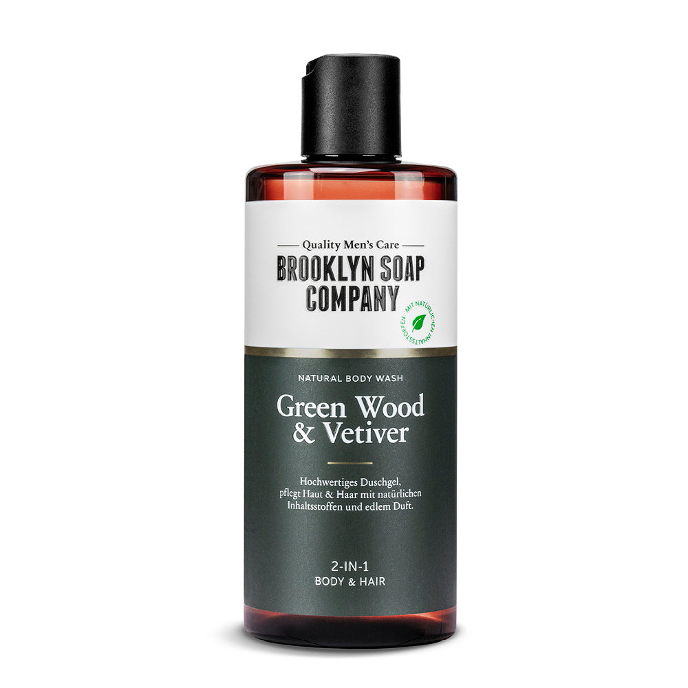 Das Green Wood & Vetiver Body Wash von der Brooklyn Soap Company reinigt Haut und Haare schonend mit Panthenol und Vitamin E.