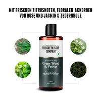 2-in-1-Duschgel von der Brooklyn Soap Company mit dem Duft von Green Wood & Vetiver. Erfrischende Zitrusnoten, florale Akkorde von Rose und Jasmin sowie ein Hauch Zedernholz – für Körper und Haare.