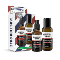 artpflege-Set von der Brooklyn Soap Company in praktischer Reise- und Probiergröße, bestehend aus Bartöl (50 ml) mit Arganöl & Jojobaöl sowie Bartshampoo (100 ml) mit Zedernholz & Wacholder.
