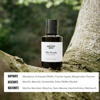The Woods Eau de Parfum von der Brooklyn Soap Company für Männer mit Kopfnote aus Mandarine, Schwarzem Pfeffer, Ingwer, Bergamotte und Thymian, Herznote aus Absinth, Schwertlilie, rotem Pfeffer und Muskat sowie Basisnote aus Myrrhe, Bernstein, Moschus, Siam-Benzoe, Kaschmirholz und Weihrauch.