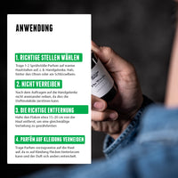Anwendungstipps für The Woods Parfum von der Brooklyn Soap Company für Männer – richtig auftragen, nicht verreiben, optimale Entfernung beachten und Kontakt mit Kleidung vermeiden.