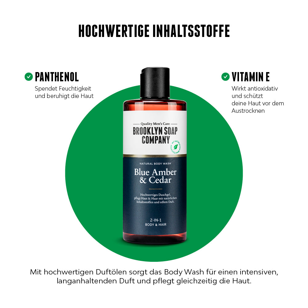 Das Blue Amber & Cedar Body Wash von der Brooklyn Soap Company enthält Panthenol und Vitamin E, die Haut und Haar pflegen, Feuchtigkeit spenden und vor dem Austrocknen schützen. Mit frischem Amber-Duft und leichten Kräuternoten.