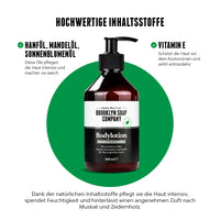 Bodylotion von der Brooklyn Soap Company mit Hanf-, Mandel- und Sonnenblumenöl sowie Vitamin E – spendet Feuchtigkeit, schützt die Haut und duftet angenehm nach Muskatnuss und Zedernholz.
