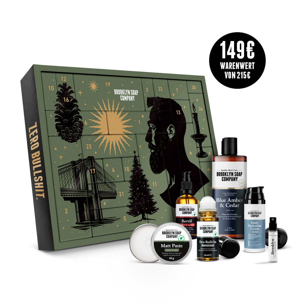 Brooklyn Soap Adventskalender 2025 mit 24 Pflegeprodukten, Düften und Überraschungen. Wert von 215 €, erhältlich für 149 €