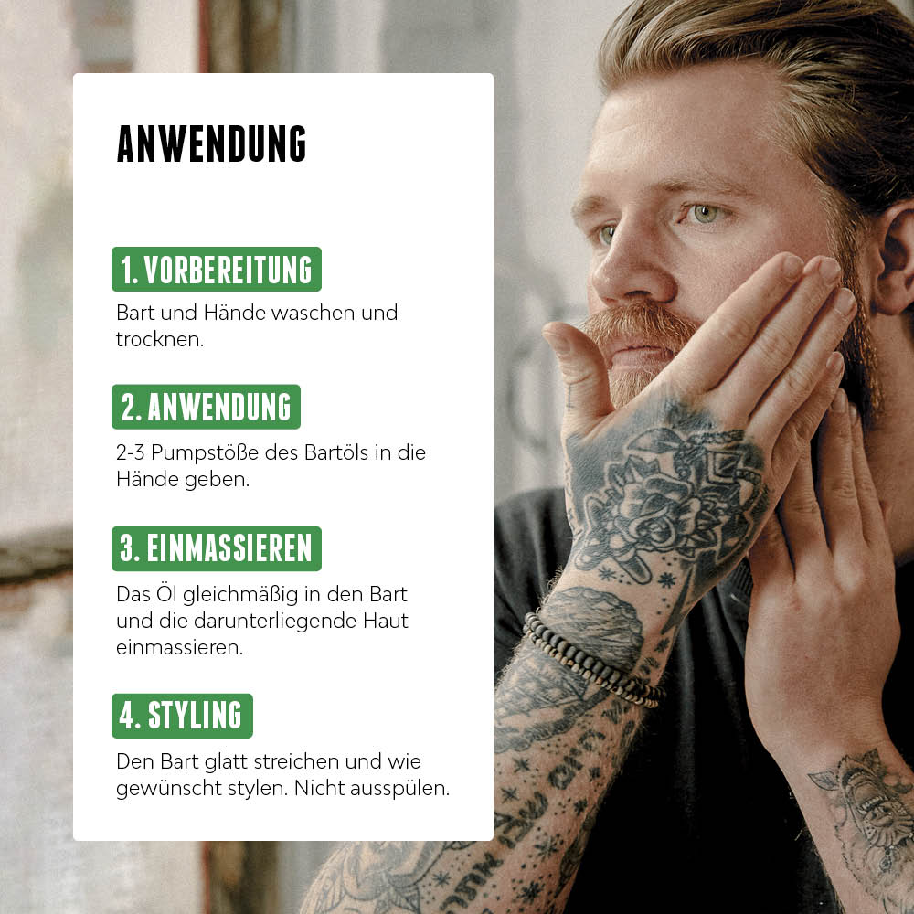 Mann pflegt seinen Bart mit dem Bartöl von der Brooklyn Soap Company - für geschmeidiges Barthaar, einen gesunden Glanz und gepflegte Haut, daneben eine Schritt-für-Schritt-Anleitung zur Anwendung.