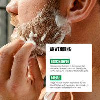 Nahaufnahme eines Mannes, der Bartshampoo in seinen Bart einmassiert; daneben Anwendungsschritte für Bartshampoo und Bartöl.