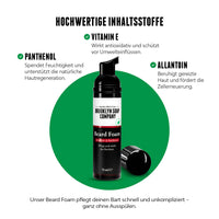 Beard Foam vor grünem Hintergrund mit Fokus auf Panthenol, Vitamin E und Allantoin als pflegende Inhaltsstoffe.