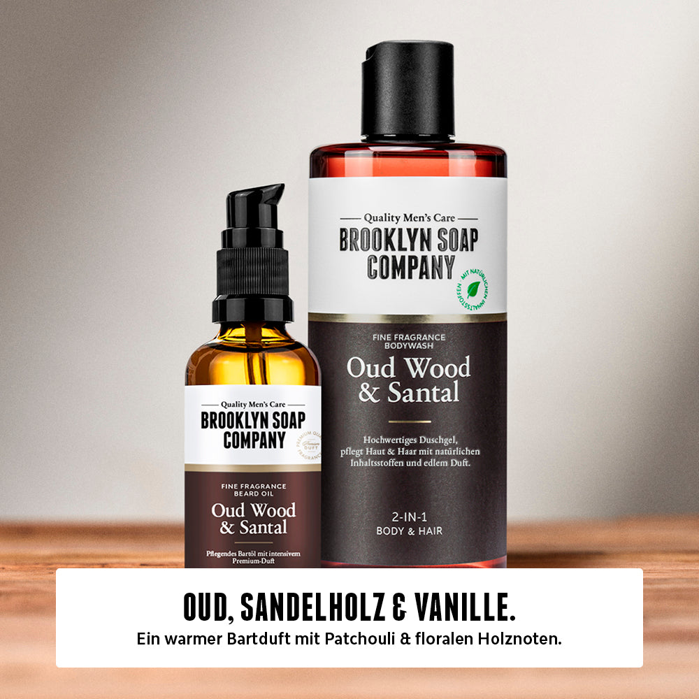 Brooklyn Soap Company Oud Wood & Santal Duschgel und Bartöl – Produkt-Duo mit warmem Duft aus Patchouli, Sandelholz und Vanille.