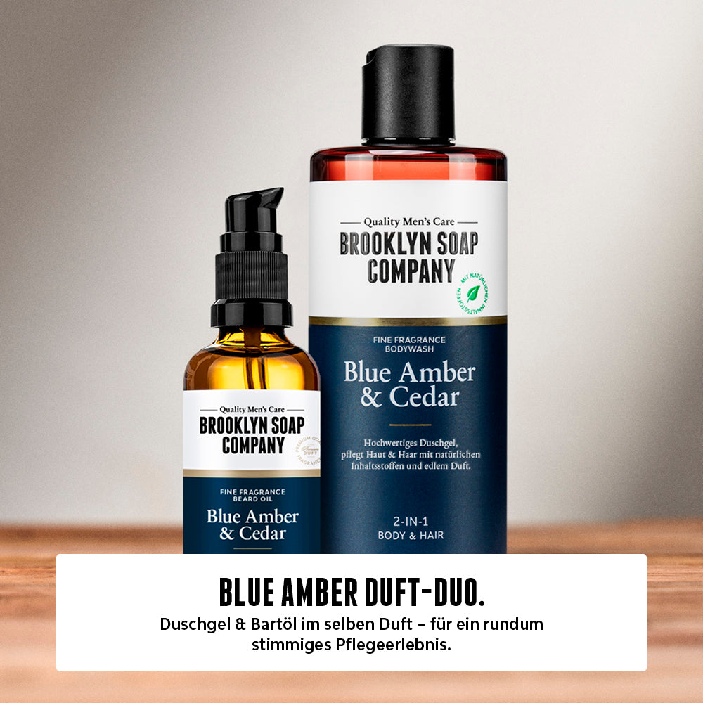 Pflegeset von Brooklyn Soap Company mit Duschgel und Bartöl im Duft Blue Amber & Cedar – für ein abgestimmtes Pflegeerlebnis mit aromatischem Premium-Duft.