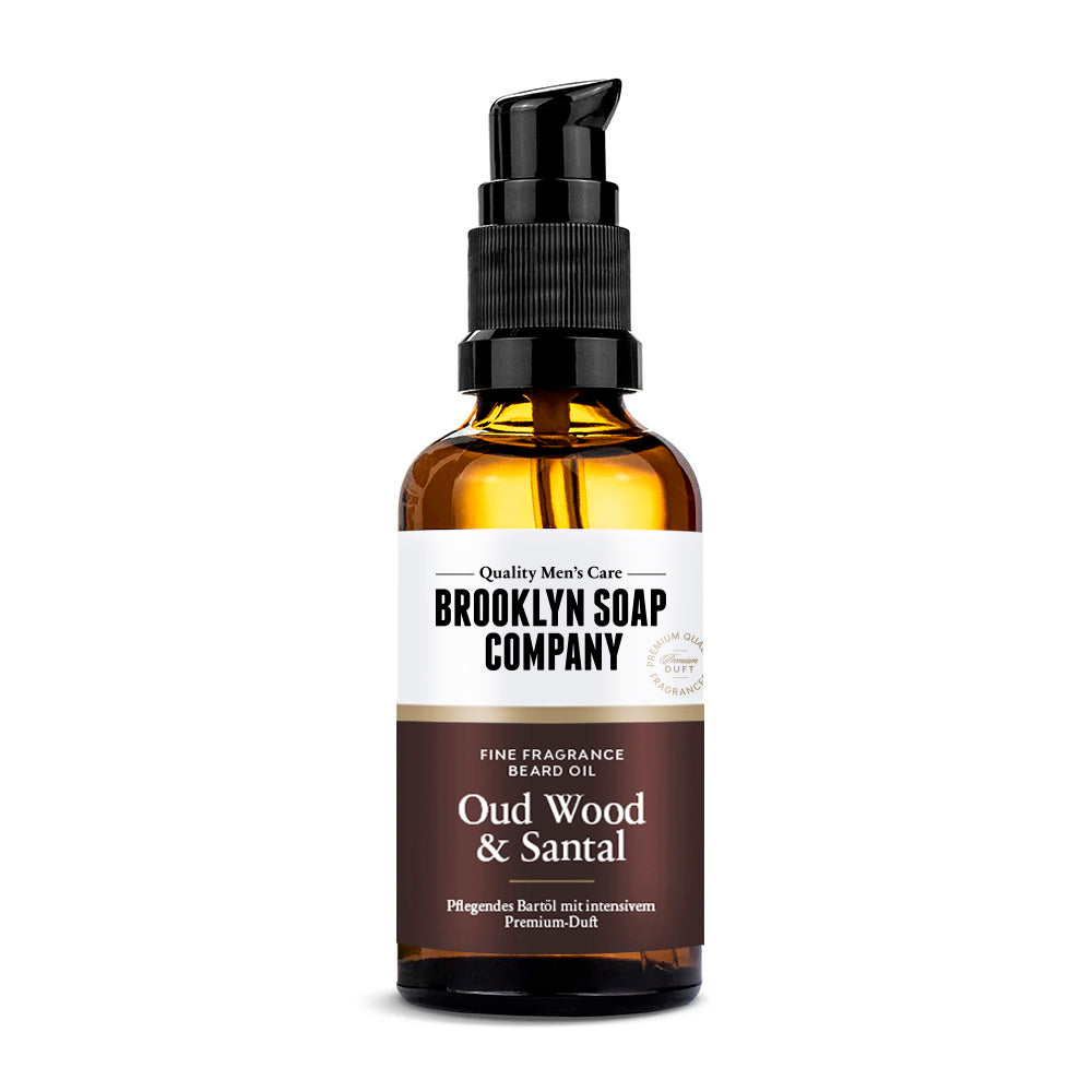 Brooklyn Soap Bartöl – pflegendes Bartöl mit intensivem Premium-Duft in Bernsteinflasche mit Pumpspender.