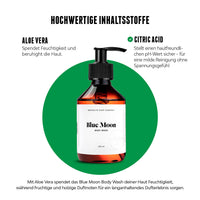 Produktdarstellung des Blue Moon Body Wash mit erklärenden Infos zu den hochwertigen Inhaltsstoffen Aloe Vera und Citric Acid auf grünem Hintergrund.