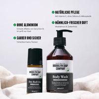 Body Wash und Deo Roll-On nebeneinander platziert, mit Infos zu natürlichen Inhaltsstoffen, Duft und Aluminiumfreiheit.