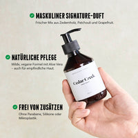 Cedar Creek Body Wash wird in der Hand gehalten, daneben Produktvorteile wie maskuliner Duft und vegane Formel.