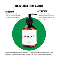 Cedar Creek Body Wash mit Fokus auf Inhaltsstoffe Aloe Vera und Sodium Laureth Sulfate auf grünem Hintergrund.