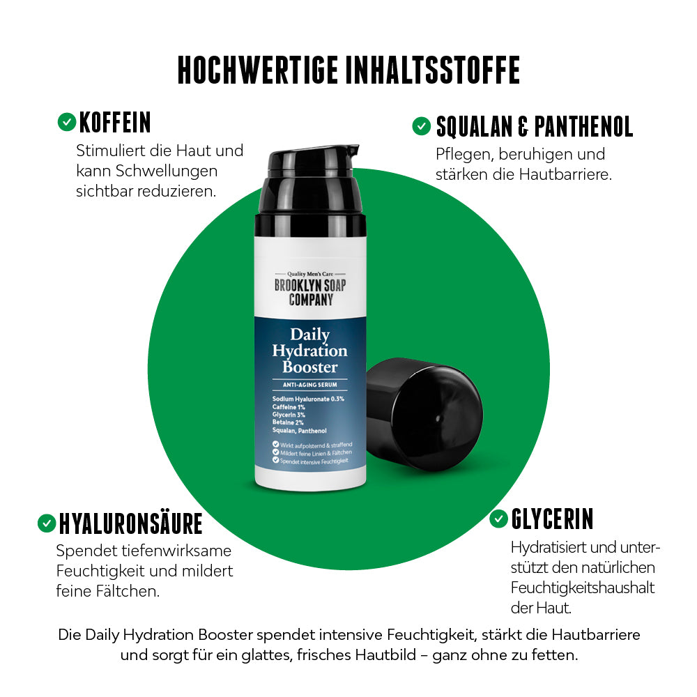 Visual mit Brooklyn Soap Daily Hydration Booster und Inhaltsstoffen wie Koffein, Hyaluronsäure, Squalan, Panthenol und Glycerin auf weiß-grünem Hintergrund.