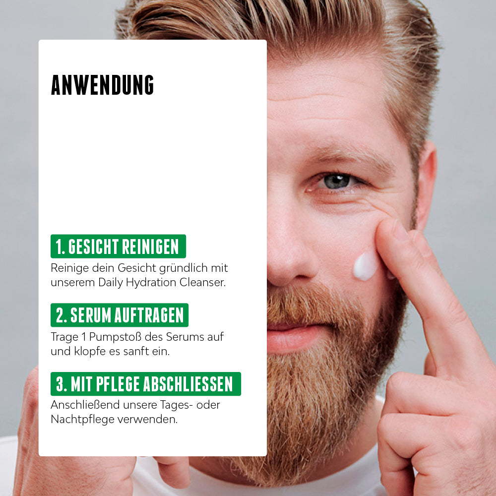 Anwendung des Serums in 3 Schritten: Gesicht reinigen, Serum auftragen, Pflege abschließen – gezeigt an einem Mann mit Bart.