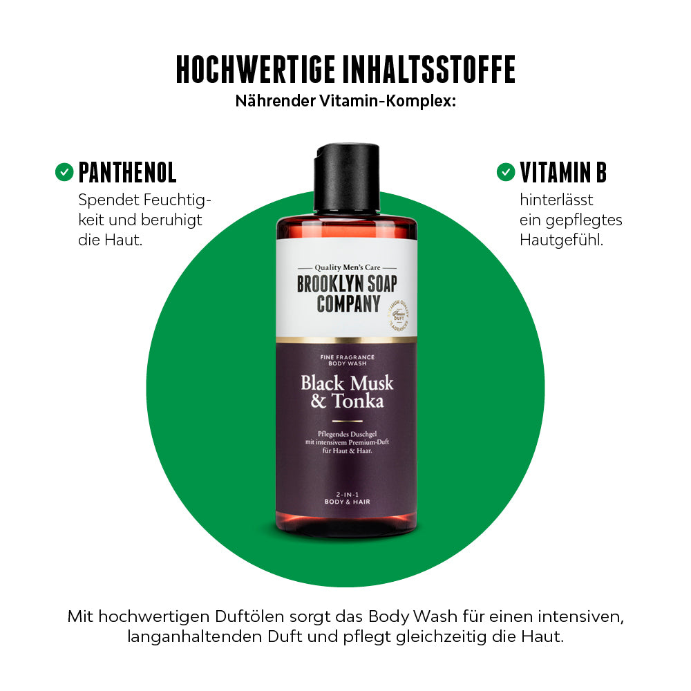 Das Black Musk & Tonka Body Wash von der Brooklyn Soap Company enthält Panthenol und Vitamin E, die Haut und Haar pflegen, Feuchtigkeit spenden und vor dem Austrocknen schützen. Mit edlem Lavendel, sinnlichem Patchouli und süßer Tonkabohne.