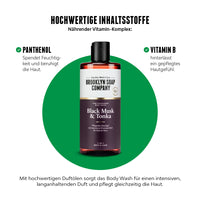 Das Black Musk & Tonka Body Wash von der Brooklyn Soap Company enthält Panthenol und Vitamin E, die Haut und Haar pflegen, Feuchtigkeit spenden und vor dem Austrocknen schützen. Mit edlem Lavendel, sinnlichem Patchouli und süßer Tonkabohne.
