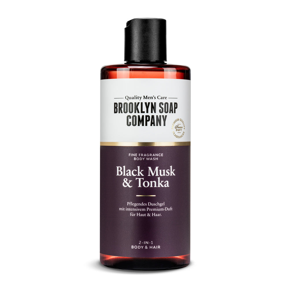 Das Black Musk & Tonka Body Wash von der Brooklyn Soap Company sorgt mit Panthenol und Vitamin E für eine sanfte Reinigung von Haut und Haar. Das 2-in-1 Duschgel spendet Feuchtigkeit, schützt die Haut und hinterlässt einen fein-würzigen Duft mit Noten von strahlendem Moschus, saftigem Apfel und floraler Orangenblüte.
