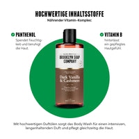 Das Dark Vanilla & Cashmere Body Wash von der Brooklyn Soap Company enthält Panthenol und Vitamin E, die Haut und Haar pflegen, Feuchtigkeit spenden und vor dem Austrocknen schützen. Mit weichem Cashmere, cremiger Bourbon-Vanille und würzigem Amber.