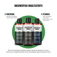 Hochwertige Body Washes für Männer von der Brooklyn Soap Company mit Panthenol und Vitamin E – pflegen die Haut und sorgen mit edlen Duftölen für einen langanhaltenden, intensiven Duft.