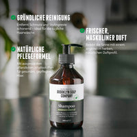 Brooklyn Soap Company Shampoo auf einem dunklen Tisch mit Text-Overlays zu Vorteilen wie gründliche Reinigung, natürlicher Pflegeformel und frischem, maskulinem Duft.