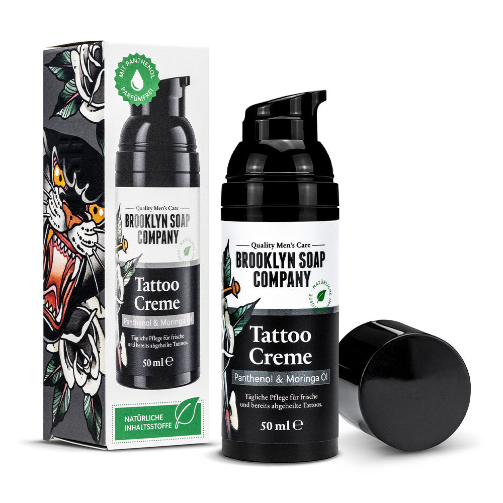Tattoo Creme von der Brooklyn Soap Company mit Panthenol und Moringaöl für intensive Feuchtigkeitspflege und Schutz frisch gestochener sowie gepflegter Tattoos.