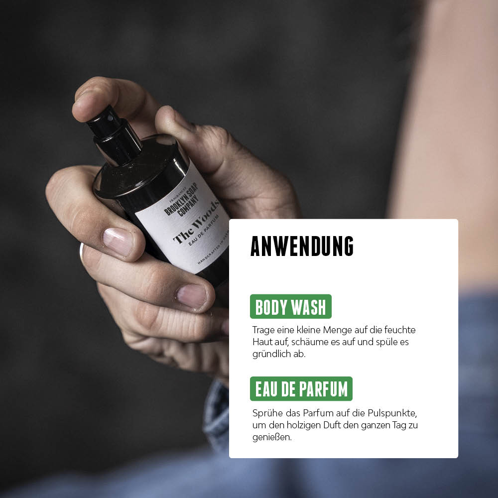 Nahaufnahme einer Hand, die das Eau de Parfum „The Woods“ von der Brooklyn Soap Company auf das Handgelenk aufsprüht. Rechts daneben befindet sich eine Anwendungsempfehlung für Body Wash und Parfum in einem Textfeld.
