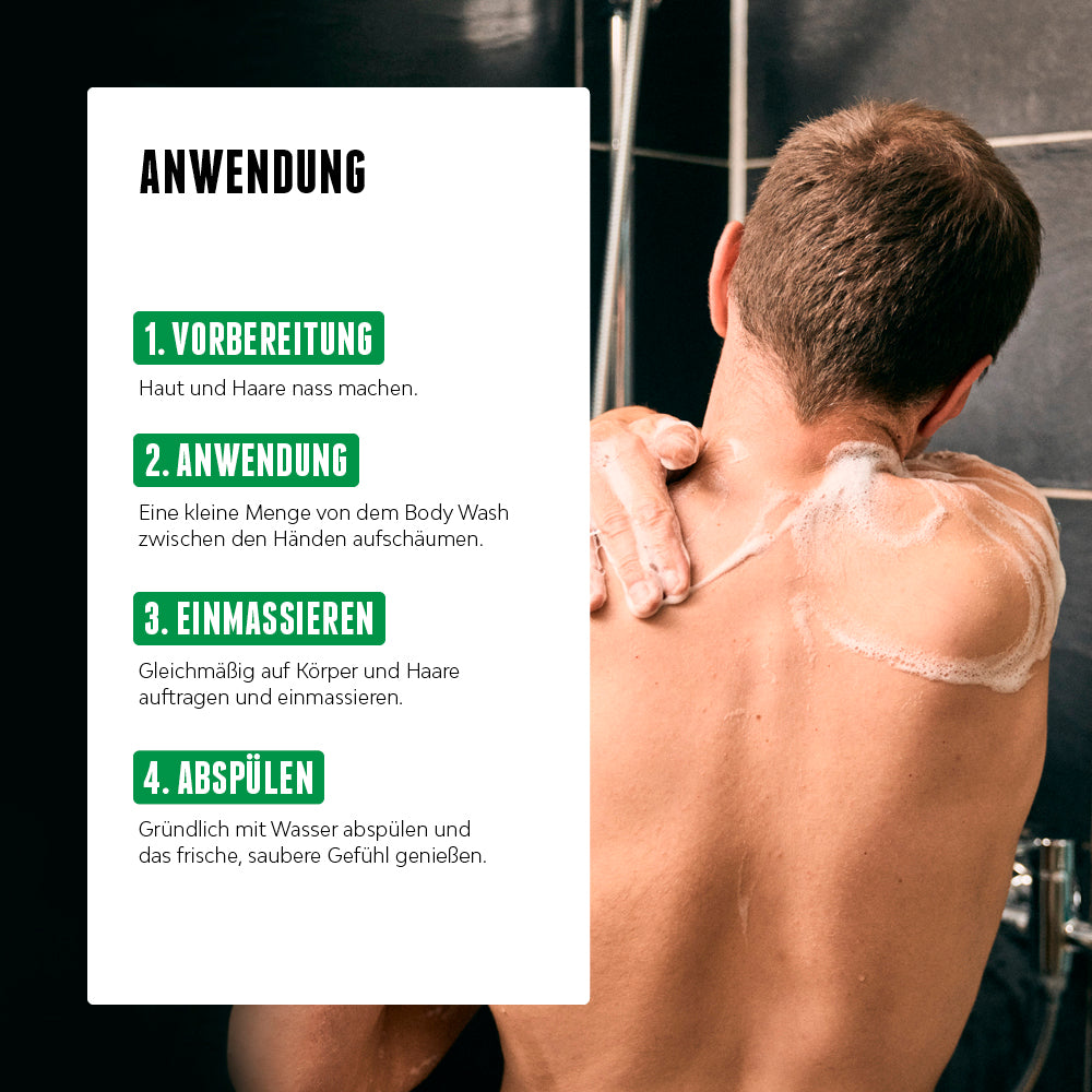 Anwendung des Green Wood & Vetiver Body Wash von der Brooklyn Soap Company: Haut und Haare anfeuchten, Body Wash aufschäumen, sanft einmassieren und gründlich ausspülen für ein frisches, sauberes Hautgefühl.