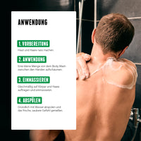 Anwendung des Green Wood & Vetiver Body Wash von der Brooklyn Soap Company: Haut und Haare anfeuchten, Body Wash aufschäumen, sanft einmassieren und gründlich ausspülen für ein frisches, sauberes Hautgefühl.
