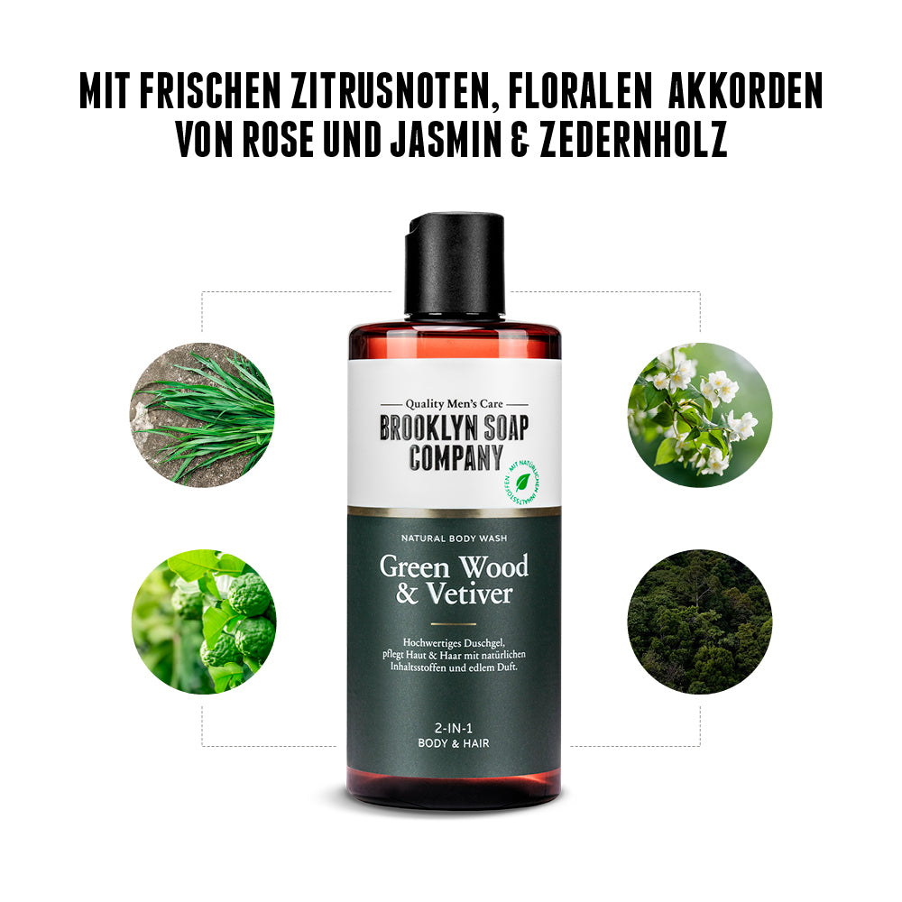Das Green Wood & Vetiver Body Wash von der Brooklyn Soap Company mit frischen Zitrusnoten, floralen Akkorden von Rose und Jasmin sowie warmem Zedernholz – pflegt Haut und Haar mit natürlichem Duft.
