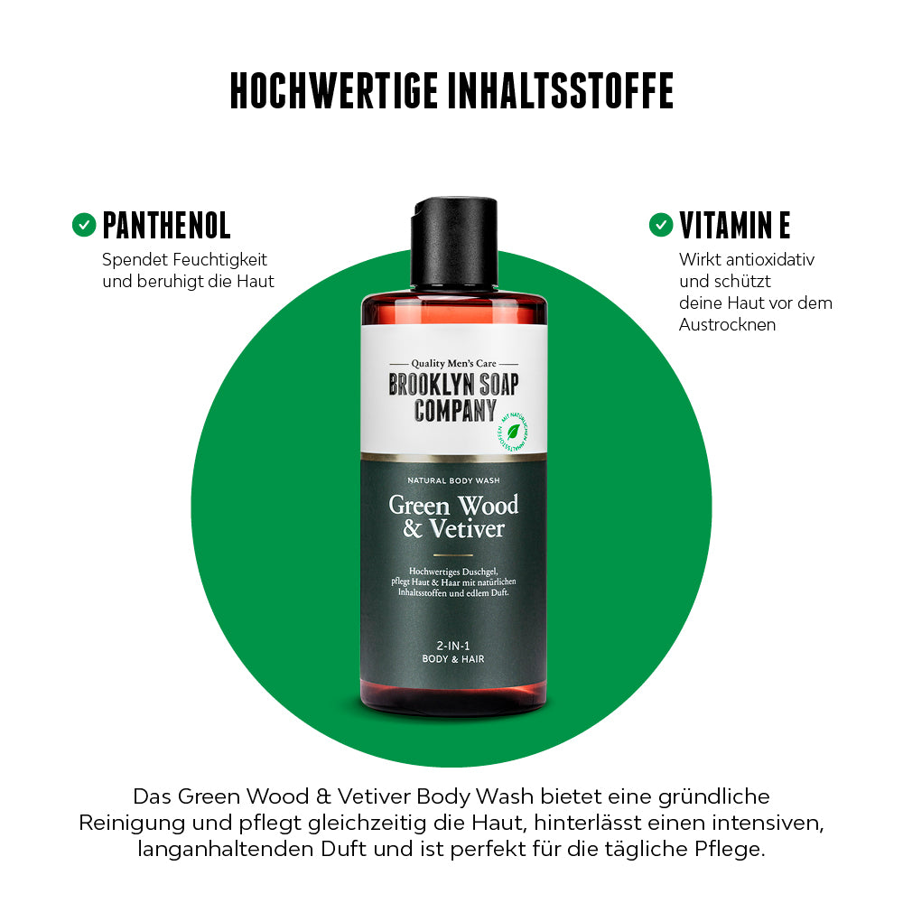 Das Green Wood & Vetiver Body Wash von der Brooklyn Soap Company reinigt und pflegt Haut und Haar mit Panthenol und Vitamin E, spendet Feuchtigkeit, schützt vor dem Austrocknen und sorgt für einen langanhaltenden, natürlichen Duft.