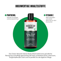 Das Green Wood & Vetiver Body Wash von der Brooklyn Soap Company reinigt und pflegt Haut und Haar mit Panthenol und Vitamin E, spendet Feuchtigkeit, schützt vor dem Austrocknen und sorgt für einen langanhaltenden, natürlichen Duft.
