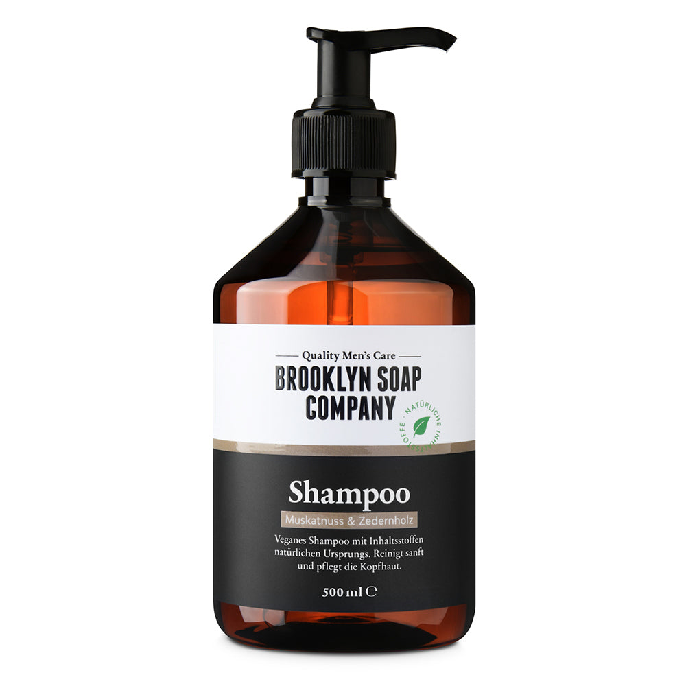 Veganes Shampoo von der Brooklyn Soap Company mit Muskatnuss- und Zedernholzduft zur sanften Reinigung von Haar und Kopfhaut.