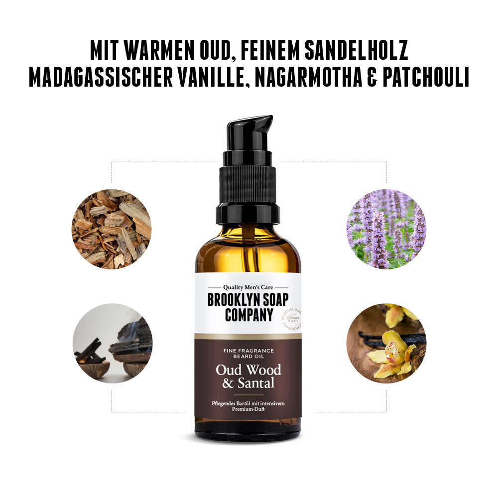 Brooklyn Soap Bartöl Oud Wood & Santal in der Mitte, umgeben von Duftsymbolen für Oud-Holz, Sandelholz, Lavendel, Vanille und Weihrauch – mit Hinweis auf Zitrusnoten und florale Akkorde von Rose und Jasmin.