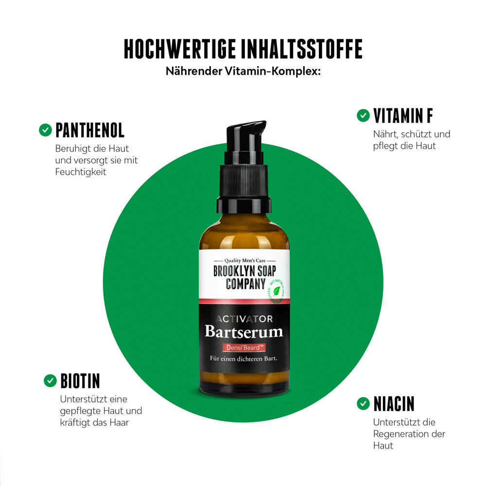 Das Bartserum enthält hochwertige Inhaltsstoffe und einen nährenden Vitaminkomplex mit Panthenol, Vitamin F, Biotin und Niacin. Es beruhigt die Haut, unterstützt die Regeneration und pflegt und stärkt Barthaare. [DE][AT]
