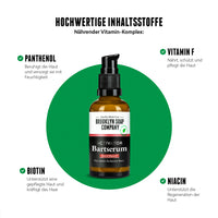 Das Bartserum enthält hochwertige Inhaltsstoffe und einen nährenden Vitaminkomplex mit Panthenol, Vitamin F, Biotin und Niacin. Es beruhigt die Haut, unterstützt die Regeneration und pflegt und stärkt Barthaare.