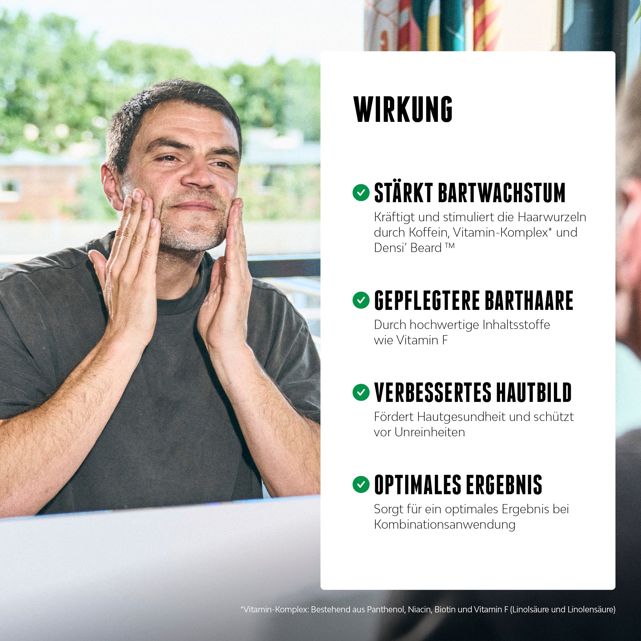 Ein Mann cremt sich das Gesicht ein; daneben eine Liste mit vier Wirkversprechen für Bartpflegeprodukte wie stärkeres Bartwachstum und verbessertes Hautbild.