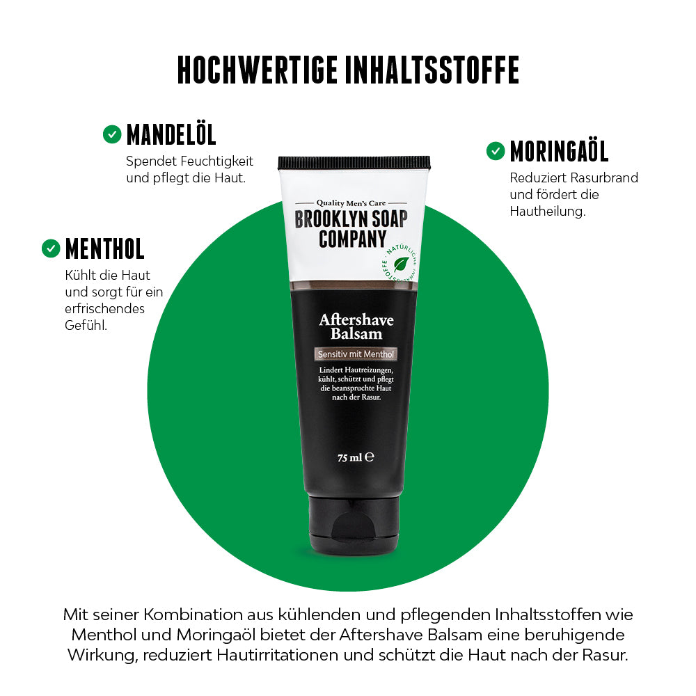 Der Aftershave Balsam von der Brooklyn Soap Company enthält natürliche Inhaltsstoffe wie Menthol, Mandelöl und Moringaöl und kühlt und pflegt die Haut nach der Rasur. So werden Rasurpickel und Rasurbrand bei Männer bekämpft. 