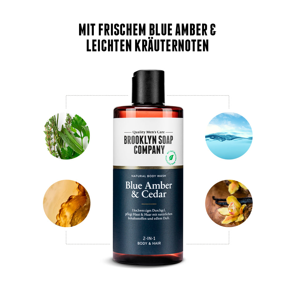 2-in-1-Duschgel von der Brooklyn Soap Company mit dem Duft von Blue Amber & Cedar. Frische, aquatische Noten treffen auf leichte Kräuterakzente und warme Vanille – für Körper und Haare.//*