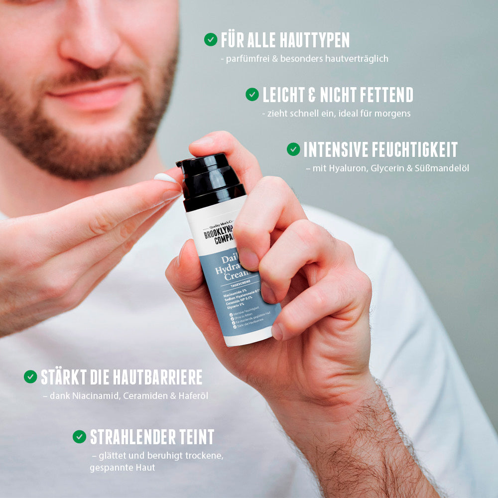 Daily Hydration Cream Tagescreme von der Brooklyn Soap Company mit Mann bei der Anwendung; leichte, nicht fettende Tagescreme für alle Hauttypen mit intensiver Feuchtigkeit durch Hyaluron, Glycerin und Süßmandelöl, stärkt die Hautbarriere mit Niacinamid, Ceramiden und Haferöl, sorgt für strahlenden Teint und zieht schnell ein – ideal für die morgendliche Pflege.