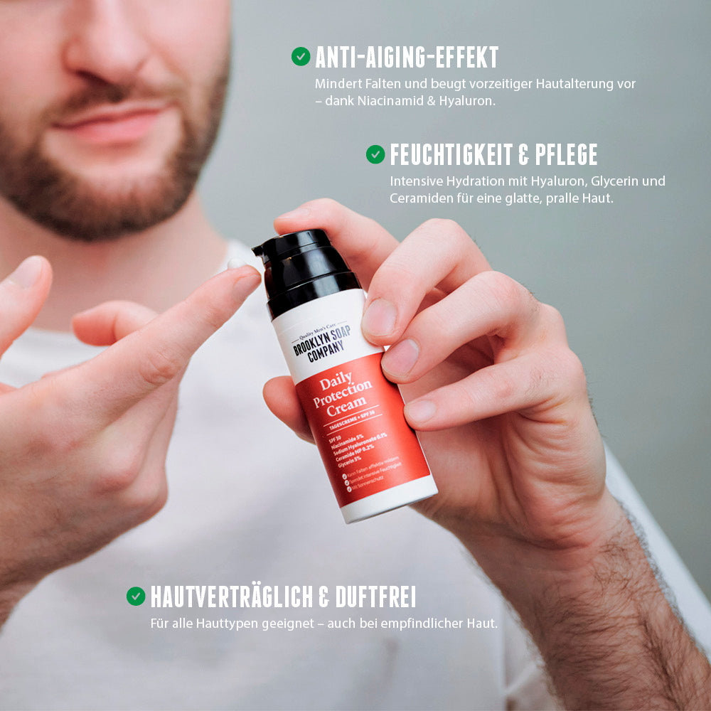 Die Daily Protection Tagescreme für Männer spendet Feuchtigkeit und schützt die Haut vor schädlicher UV-Strahlung. //*