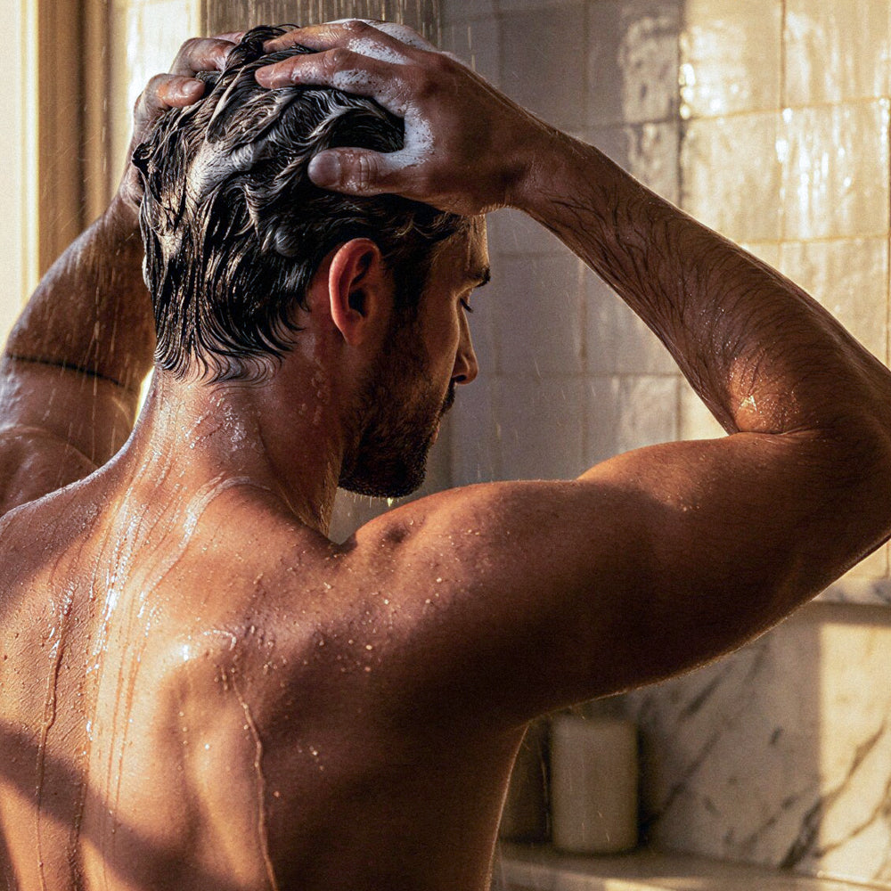 Mann verwendet Dark Vanilla Body Wash unter der Dusche