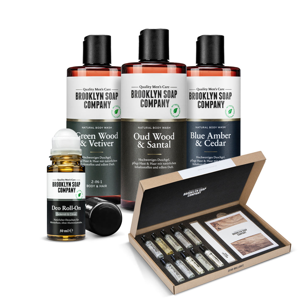 Das perfekte Geschenk für Männer: Fragrance Body Bundle von der Brooklyn Soap Company mit drei Body Washes, Deo Roll-On und Discovery Set mit 10 Herrendüften zum Testen – das Rundum-Pflege- und Duftpaket für Männer.